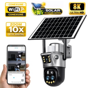 Camera Supraveghere DUBLA 2 Ecrane Diferite, ZOOM 10X cu Panou Solar, WIFI, 8MP