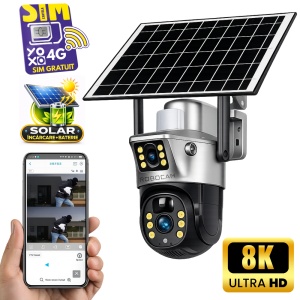 Camera Supraveghere Gri DUBLA 2 Ecrane Diferite cu Panou Solar si Cartela SIM, 8MP, 3G/4G