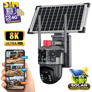 Cameră de Supraveghere 4G, Solară, Duală, Panoramica, cu 4MP, Panou Solar și Detecție Mișcare + CARTELA CU INTERNET