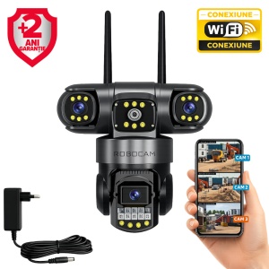 Cameră de Supraveghere WiFi 12MP Triplă 2K, PTZ, Vedere Nocturnă Color, Audio Bidirecțional