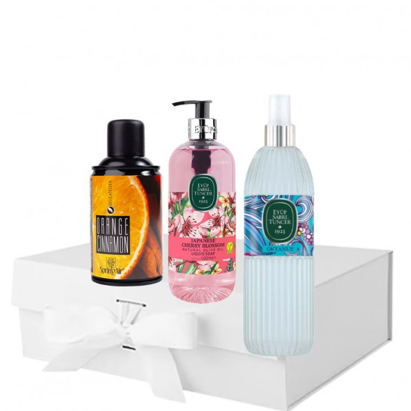 Pachet Sapun lichid Chery Blossom 500 ml, Apa de colonie 150 ml si Rezerva odorizant Orange Cinnamon 250 ml