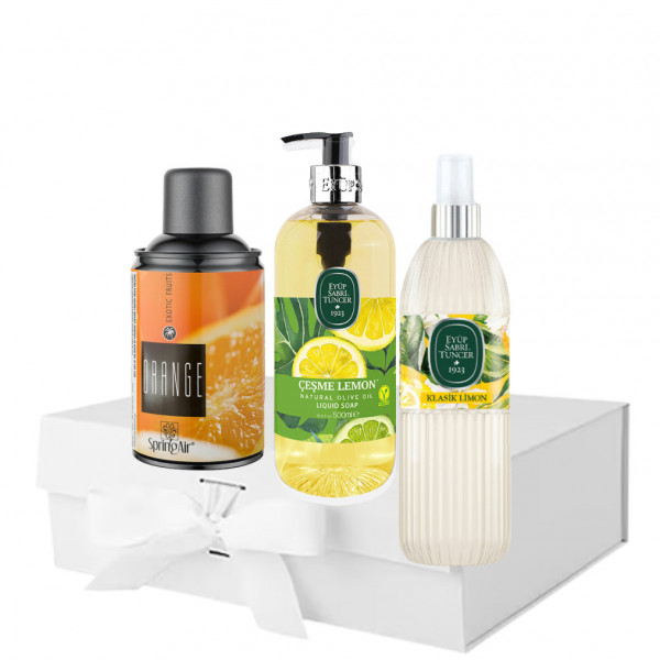 Pachet Sapun lichid Lemon 500 ml , Apa de colonie Lamaie 150 ml si Rezerva odorizant Orange 250 ml