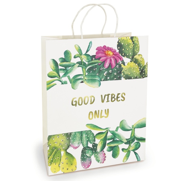 Sacosa Good Vibes Only, din hartie cu maner de hartie rasucit, 33 x 45.7 x 10.2 cm (20 buc/display)