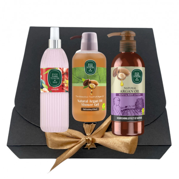 Pachet Lotiune de corp si maini 250ml, Gel de dus cu Argan 600ml si Apa de colonie Amber 150ml