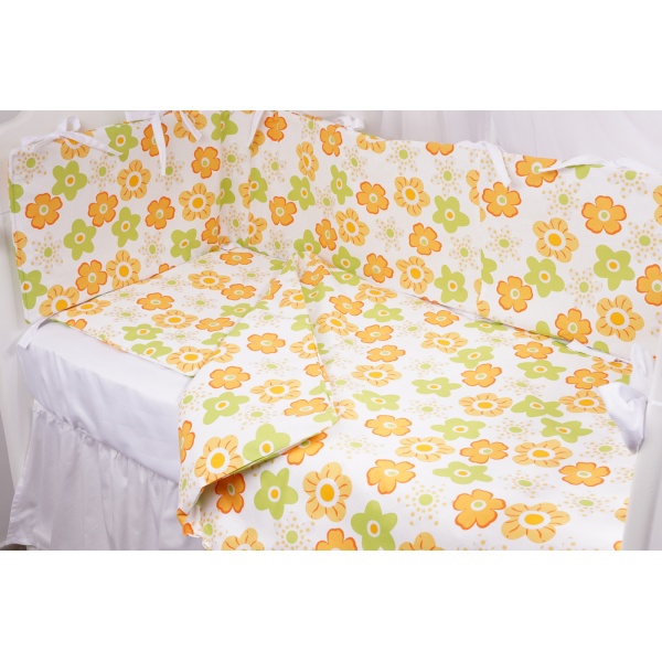 Set complet 7 piese lenjerie si aparatori patut 120x60 cm bumbac 100% model floricele