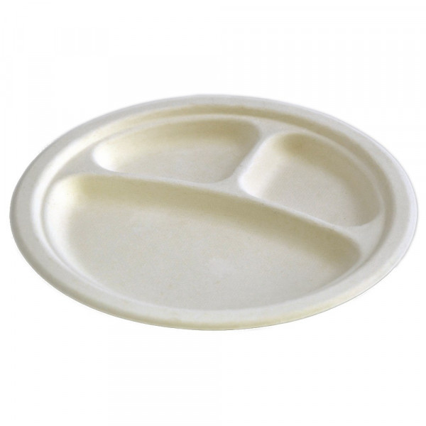 Farfurii plate biodegradabile 25 cm, 3 compartimente, 50 buc/set