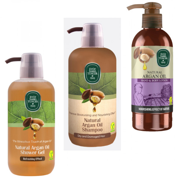 Pachet Mos Nicolae 2 Lotiune de maini si corp 250 ml, Sampon 600 ml si Gel de dus 600 ml cu ulei de Argan