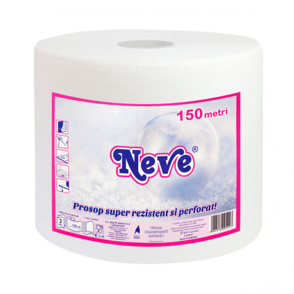 Prosop de hartie super rezistent si perforat Neve, alb, 2 straturi, 150 m