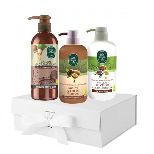 Pachet Balsam par ulei masline 600ml, Sampon ulei argan 600ml si Lotiune maini corp macadamia 250ml