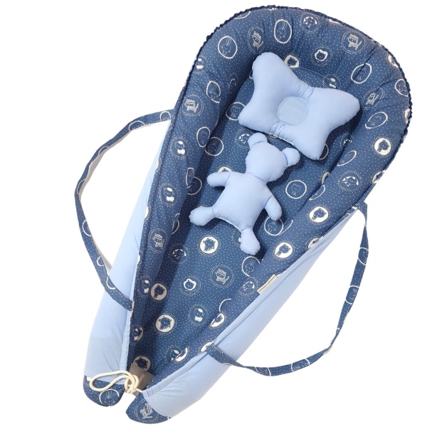 SET Baby Nest Delux bleu Ursuleții Veghează Somnul cu Pernă și Jucărie