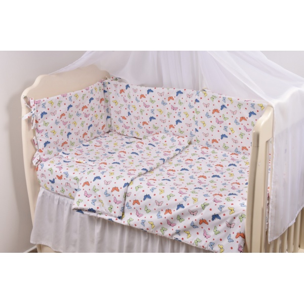 Set complet 7 piese lenjerie si aparatori patut 120x60 cm model Fluturasi