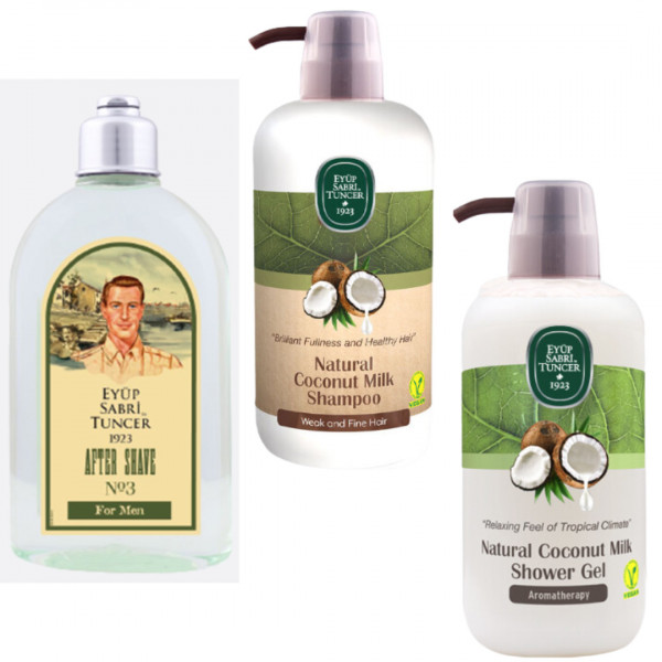 Pachet de Craciun 4 Gel de dus Nuca de cocos 600 ml, Sampon Nuca de cocos 600 ml si After shave nr.3 250 ml