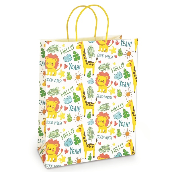Sacosa Hello Safari, din hartie cu maner de hartie rasucit, 17.8 x 23 x 9.8 cm (20 buc/display)