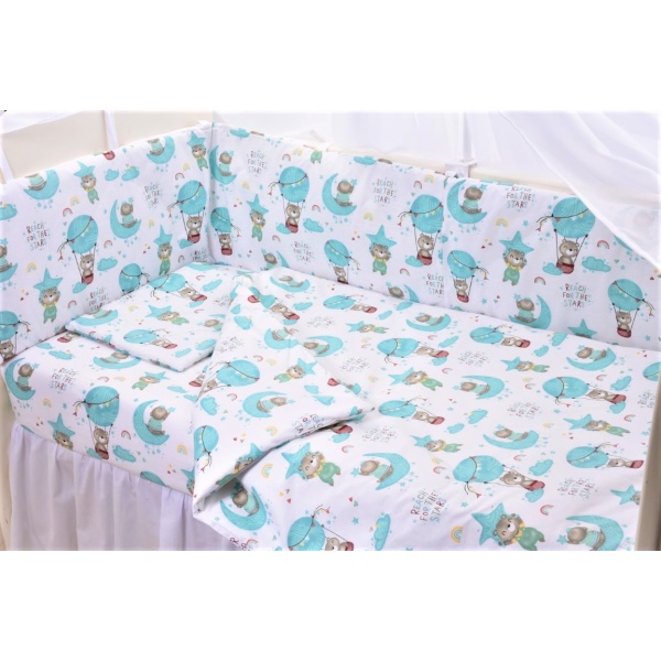 Set complet 7 piese lenjerie si aparatori patut 60x120 cm Ursuleti in balon