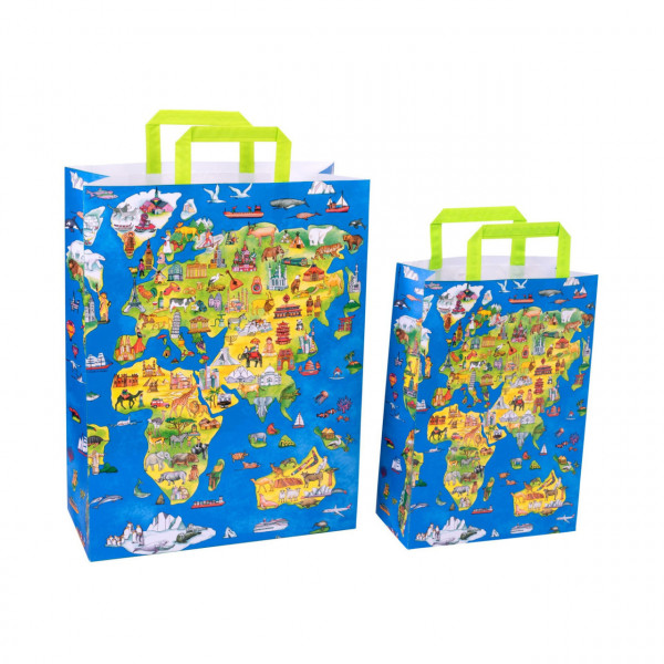 Sacosa cadou din hartie - Harta Lumii (L - 32 x 14 x 42cm, 90g)