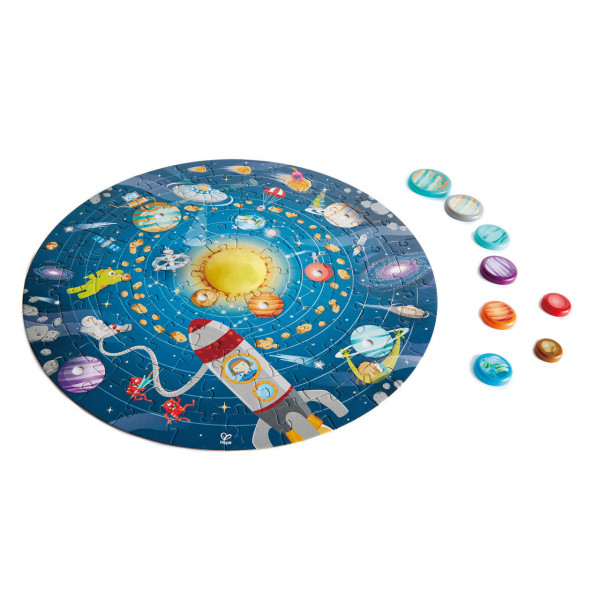 Puzzle Sistemul Solar pentru copii, cu led si planete din lemn (102 piese)
