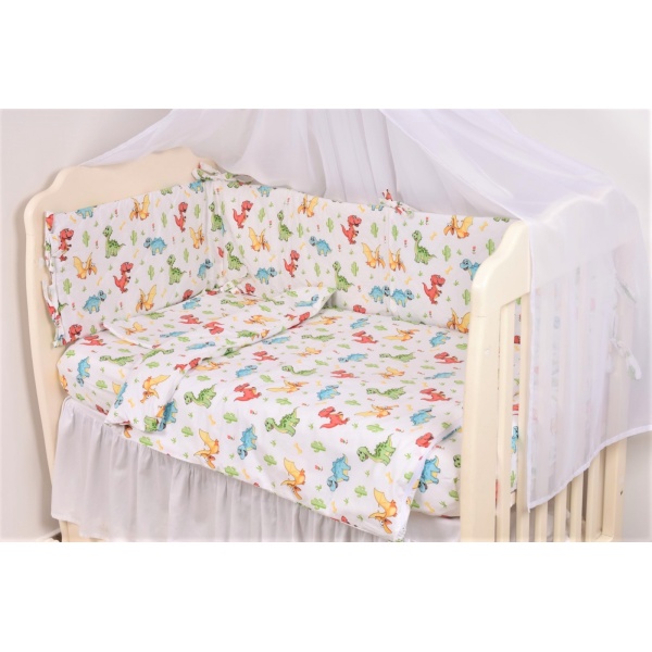 Set complet 7 piese lenjerie si aparatori patut 120x60 cm model Dinozauri