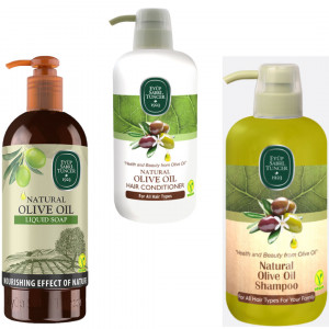 Pachet Sapun lichid 750 ml, Balsam de par 600 ml si Sampon natural cu ulei de Masline 600 ml - Img 2