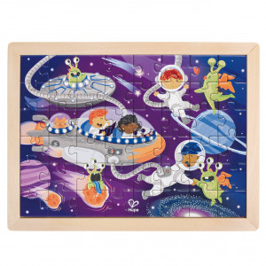 Puzzle din lemn 2 in 1 - Prietenii din Spatiu (50 piese), cu fata dubla si activitate colorare - Img 2