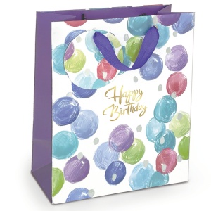 Sacosa Happy Birthday, din hartie cu maner din snur, 26.7 x 33 x 14.6 cm (20 buc/display)