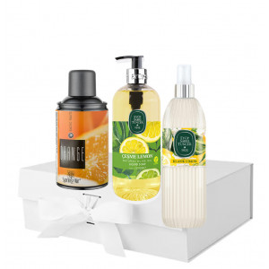 Pachet Sapun lichid Lemon 500 ml , Apa de colonie Lamaie 150 ml si Rezerva odorizant Orange 250 ml - Img 1