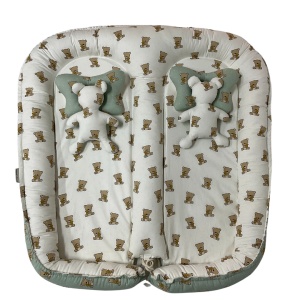 Set Baby Nest Deluxe Gemeni: Confort Dublu cu Ursuleți Verzi și Albi - Include Pernă și Jucărie - Img 4
