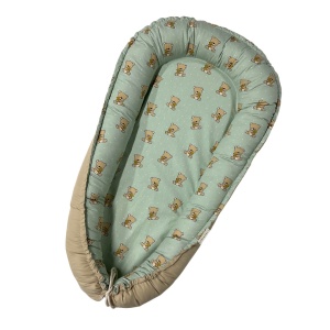 Deluxe Baby Nest 0-3 Ani: Reversibil Crem & Ursuleți pe Verde Pal, Bumbac 100% - Img 1