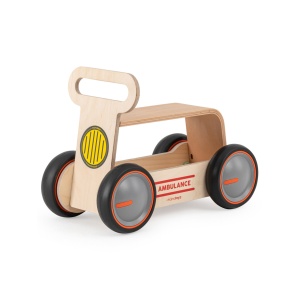 Masinuta ride-on, premergator si carucior de jucarii MamaToyz DriveMe Wood, Ambulanta - Jucarie din lemn 3 in 1 - Img 1