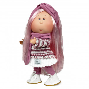 Papusa Nines D'Onil, Mia, cu parul roz si bentita, cu articulatii, cu miros de vanilie, 30 cm
