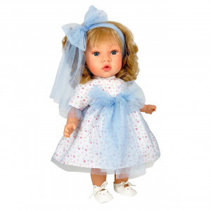 Papusa Nines D'Onil, Susette Tul, cu parul blond, cu sunete, cu funda albastra, cu miros de vanilie, 45 cm - Img 1