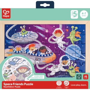 Puzzle din lemn 2 in 1 - Prietenii din Spatiu (50 piese), cu fata dubla si activitate colorare - Img 7
