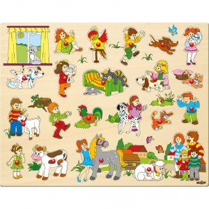 Puzzle din lemn cu butoni - Copii si animale (21 piese)