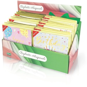 Felicitare POP-UP zi de nastere, cu modele asortate cu detalii aurii pe exteriorul felicitarii - 13.5 x 13.5 cm (48 buc/display)