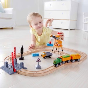 Jucarie din lemn - Set tren de marfa cu macara (34 piese) - Img 6