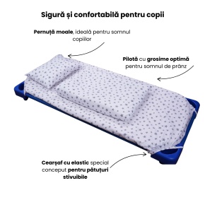 Lenjerie 5 piese patut gradinita, bumbac 100%, model Stelute mici bleu - Img 3