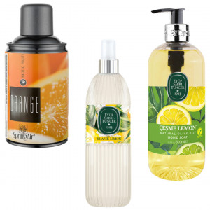 Pachet Sapun lichid Lemon 500 ml , Apa de colonie Lamaie 150 ml si Rezerva odorizant Orange 250 ml - Img 2