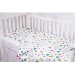 Set complet 7 piese lenjerie si aparatori patut 120x60 cm bumbac 100% model iepurasi si flori - Img 2