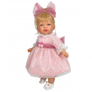 Papusa Nines D'Onil, Celia, cu sunete, cu parul blond, cu rochie roz plumeti, cu miros de vanilie, 45 cm