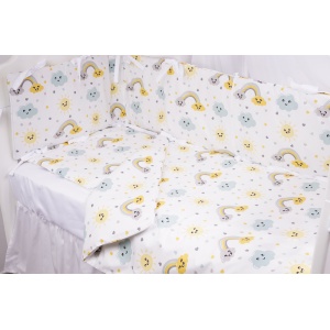Set complet 7 piese lenjerie si aparatori patut 120x60 cm bumbac 100% model curcubee si norisori - Img 1