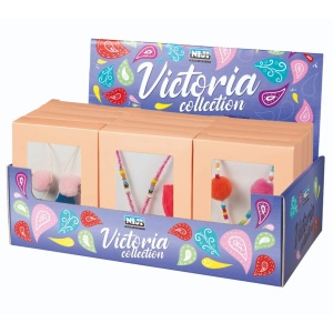 Colier cu margele, pompon si ciucure colorat - model asortat (12 buc/display)