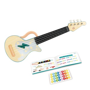 Jucarie din lemn – Instrument Ukulele (chitara) alba copii – invata sa canti cu lumini