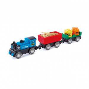 Jucarie din lemn - Locomotiva si vagoane cu baterii - Img 1
