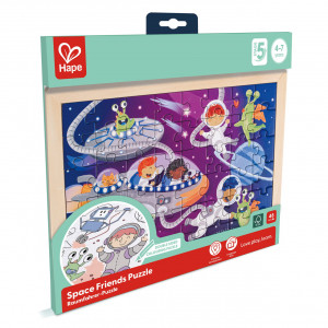 Puzzle din lemn 2 in 1 - Prietenii din Spatiu (50 piese), cu fata dubla si activitate colorare