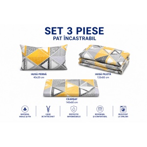 Set lenjerie 3 piese pentru patut incastrabil, model forme geometrice - Img 3