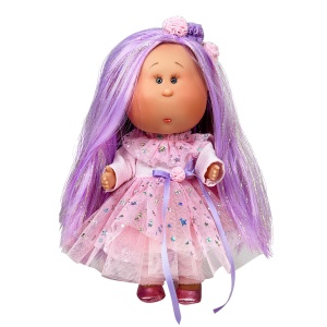 Papusa Nines D'Onil, Mia, cu parul mov, cu sclipici, cu articulatii, cu miros de vanilie, 30 cm