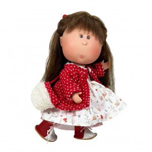 Papusa Nines D'Onil, Mia, cu parul saten si palton rosu, cu articulatii, cu miros de vanilie, 30 cm - Img 2