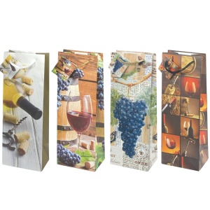 Sacosa sticla de vin, din hartie plastifiata mata cu maner din snur, 13 x 36 x 10 cm (20 buc/display)