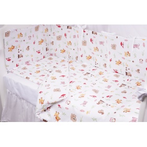 Set complet 7 piese lenjerie si aparatori patut 120x60 cm bumbac 100% model animalute si ciuperci - Img 1