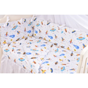 Set complet 7 piese lenjerie si aparatori patut 120x60 cm bumbac 100% model Rachete si Planete - Img 1
