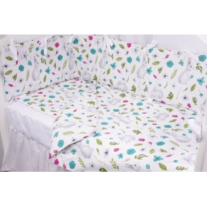 Set complet 7 piese lenjerie si aparatori patut 120x60 cm bumbac 100% model iepurasi si flori - Img 1